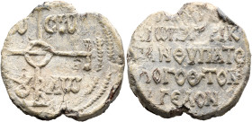 Romanos (?), patrikios, anthypatos and logothetes of the herds, 9th century. Seal (Lead, 28 mm, 14.99 g, 12 h). Large cruciform monogram ΘЄOTOKЄ BOHΘH...