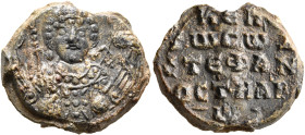 Stephanos, ostiarios, mid 11th century. Seal (Lead, 20 mm, 6.43 g, 12 h). Facing bust of Saint Michael, nimbate, holding trefoil scepter in his right ...