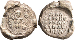 Philaretos Brachamios, kouropalates and doux (of Antioch), circa 1070-1080. Seal (Lead, 25 mm, 13.58 g, 12 h). Θ Θ/Є/O-Δ/Ⲱ/P/O, Saint Theodore, nimbat...