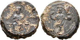 Nicephorus Melissenus, usurper 1080-1081. Seal (Lead, 33 mm, 36.73 g, 12 h). IC - XC Christ seated facing on an ornate and high-backed throne, wearing...