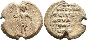 Apnelgaripes, magistros (Abul-Gharib Artsruni), second half of the 11th century. Seal (Lead, 29 mm, 15.83 g, 12 h). Θ / Γ[ЄⲰP] - ΓI/O/C Saint George, ...