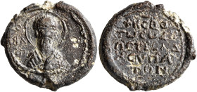 Petros, dishypatos, 11th century. Seal (Lead, 22 mm, 6.68 g, 12 h). Θ / ૪Λ/ΠI Nimbate facing bust of a bearded Saint (Peter?). Rev. +KЄ B,Θ, / TⲰ CⲰ Δ...