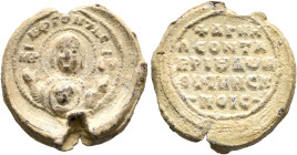 Leon, bishop of Brioula, second half of 11th century. Seal (Lead, 20 mm, 6.84 g, 12 h). MHP - ΘV - H ΦPONTHC Nimbate Mother of God 'Episkepsis', raisi...