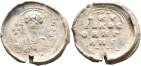 Kyriakos Bigles, 11th century. Seal (Lead, 25 mm, 10.63 g, 12 h). Θ / ΘЄ/O-Δ/ⲰP/O, Facing bust of Saint Theodore, nimbate, holding spear over his righ...