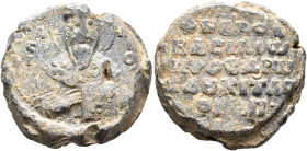Basileios Apokapes, proedros and doux (of Edessa), last quarter of the 11th century. Seal (Lead, 24 mm, 21.56 g, 12 h). RA/C/I-Λ[Є]/I/O/[C] Bust of Sa...