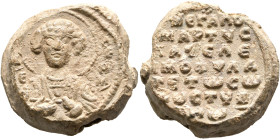 Stylianos, 11th century. Seal (Lead, 22 mm, 17.19 g, 12 h). [Θ / Π]A[N/T]Є-Λ/Є/H/M, Nimbate bust of St. Pantaleon facing, holding medical instruments....