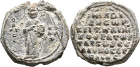 Nikolaos Serblias, kensor, judge and grand kourator of Tarsos and Seleukeia, mid 11th century. Seal (Lead, 28 mm, 22.72 g, 12 h). O / A/ΓI/O/C - [NI]/...