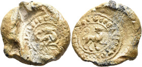 Uncertain sebastos, 11th-12th centuries. Seal (Lead, 30 mm, 27.38 g). Circular legend. Dog running to right, head turned back. Rev. +CEBACTOC TP... Li...