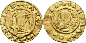 AXUM. Noe (Eon), circa 390. Chrysos (Gold, 16 mm, 1.56 g, 12 h). ✠ƆΛC✠CΛC✠ΛƆΛ✠ΛΧƆ Draped bust of Noe to right, wearing tiara and holding spear in his ...