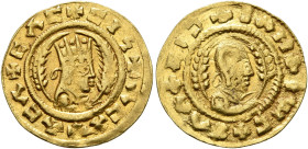 AXUM. Noe (Eon), circa 390. Chrysos (Gold, 17 mm, 1.60 g, 12 h). ✠ΛCX✠ΛCΛ✠CΛC✠CIϞ Draped bust of Noe to right, wearing tiara and holding spear in his ...