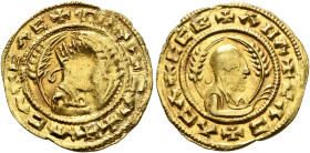 AXUM. Ebana, circa 450. Chrysos (Gold, 18 mm, 1.60 g, 12 h). ✠CΛC✠CIN✠CΛX✠ΛCΛ Draped bust of Ebana to right, wearing tiara and holding spear in his ri...