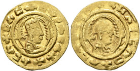 AXUM. Ebana, circa 450. Chrysos (Gold, 17 mm, 1.66 g, 12 h). ✠CΛC✠CYN✠CΛΧ✠ΛCΛ Draped bust of Ebana to right, wearing tiara and holding spear in his ri...