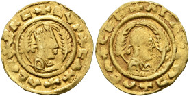 AXUM. Ebana, circa 450. Chrysos (Gold, 17 mm, 1.60 g, 12 h). ✠ƆΛC✠CYN✠CΛX✠ΛCΛ Draped bust of Ebana to right, wearing tiara and holding spear in his ri...