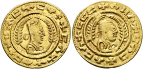 AXUM. Ebana, circa 450. Chrysos (Gold, 17 mm, 1.53 g, 12 h). ✠CΛC✠CYN✠CΛΧ✠ΛCΛ Draped bust of Ebana to right, wearing tiara and holding spear in his ri...
