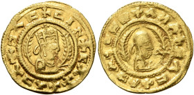 AXUM. Ebana, circa 450. Chrysos (Gold, 16 mm, 1.60 g, 12 h). ✠ƆΛC✠CIN✠CΛX✠ΛƆΛ Draped bust of Ebana to right, wearing tiara and holding spear in his ri...