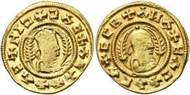 AXUM. Ebana, circa 450. Chrysos (Gold, 16 mm, 1.60 g, 12 h). ✠ϞIƆ✠ƆΛC✠ΛCΛ✠XΛƆ Draped bust of Ebana to right, wearing tiara and holding spear in his ri...