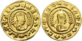 AXUM. Ebana, circa 450. Chrysos (Gold, 16 mm, 1.60 g, 12 h). ✠ΛCΛ✠ƆΛX✠ϞΙƆ✠ƆΛC Draped bust of Ebana to right, wearing tiara and holding spear in his ri...