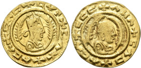 AXUM. Ebana, circa 450. Chrysos (Gold, 16 mm, 1.60 g, 12 h). ✠CΛC✠CYN✠CΛΧ✠ΛCΛ Draped bust of Ebana to right, wearing tiara and holding spear in his ri...