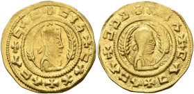 AXUM. Ebana, circa 450. Chrysos (Gold, 17 mm, 1.66 g, 12 h). ✠CΛC✠CIϞ✠CΛX✠ΛCΛ Draped bust of Ebana to right, wearing tiara and holding spear in his ri...