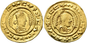AXUM. Ebana, circa 450. Chrysos (Gold, 17 mm, 1.61 g, 12 h). ✠CΛC✠CYN✠CΛX✠ΛCΛ Draped bust of Ebana to right, wearing tiara and holding spear in his ri...