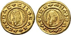AXUM. Ebana, circa 450. Chrysos (Gold, 16 mm, 1.60 g, 12 h). ✠CΛC✠CIϞ✠CΛX✠ΛCΛ Draped bust of Ebana to right, wearing tiara and holding spear in his ri...