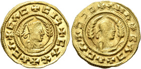 AXUM. Ebana, circa 450. Chrysos (Gold, 17 mm, 1.60 g, 12 h). ✠CΛC✠CIϞ✠CΛX✠ΛCΛ Draped bust of Ebana to right, wearing tiara and holding spear in his ri...