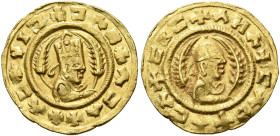 AXUM. Ebana, circa 450. Chrysos (Gold, 15 mm, 1.56 g, 12 h). ✠ϞIƆ✠ƆΛƆ✠ΛƆΛ✠XΛƆ Draped bust of Ebana to right, wearing tiara and holding spear in his ri...