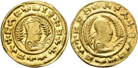 AXUM. Ebana, circa 450. Chrysos (Gold, 16 mm, 1.60 g, 12 h). ✠CΛB✠CIN✠ƆΛX✠ΛƆΛ Draped bust of Ebana to right, wearing tiara and holding spear in his ri...