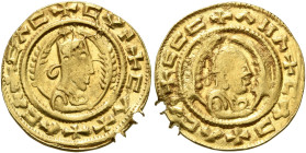 AXUM. Ebana, circa 450. Chrysos (Gold, 17 mm, 1.61 g, 12 h). ✠CΛC✠CYN✠CΛX✠ΛCΛ Draped bust of Ebana to right, wearing tiara and holding spear in his ri...