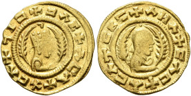 AXUM. Ebana, circa 450. Chrysos (Gold, 15 mm, 1.60 g, 12 h). ✠ϞIƆ✠ƆΛC✠ΛCΛ✠XCΛ Draped bust of Ebana to right, wearing tiara and holding spear in his ri...