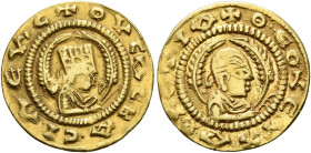 AXUM. Ousanas II, circa 500-510. Chrysos (Gold, 17 mm, 1.54 g, 12 h). +ΟYCΑC BA•CIΛЄΥC Draped bust of Ousanas II to right, wearing tiara and holding s...