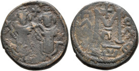 ISLAMIC, Umayyad Caliphate. temp. Mu'awiya I ibn Abi Sufyan, AH 41-60 / AD 661-680. Fals (Bronze, 18 mm, 4.20 g, 8 h), Arab-Byzantine type, Ba'albakk ...