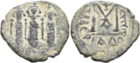 ISLAMIC, Umayyad Caliphate. temp. Mu'awiya I ibn Abi Sufyan, AH 41-60 / AD 661-680. Fals (Bronze, 21 mm, 3.16 g, 6 h), Arab-Byzantine type, Tabariya (...