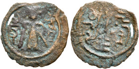 ISLAMIC, Umayyad Caliphate. temp. 'Abd al-Malik ibn Marwan, AH 65-86 / AD 685-705. Pashiz (Bronze, 16 mm, 0.89 g, 12 h), Arab Sasanian type with a 'St...