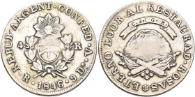 ARGENTINA, Provincial Coinage. La Rioja. 4 Reales 1846 (Silver, 32 mm, 13.37 g, 12 h). REPUB ARGENT CONFED / R 1846 9 Ds V Arms between value 4 - R. R...