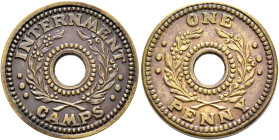AUSTRALIA, Commonwealth. 1901-present. Penny (Bronze, 20 mm, 3.64 g, 12 h), World War II token. INTERNMENT CAMPS Laurel branches around central hole. ...