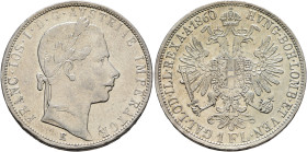 AUSTRIA. Kaisertum Österreich-Ungarn. Franz Josef I, 1848-1916. Gulden 1860 (Silver, 29 mm, 12.36 g, 12 h), Karlsburg. FRANC IOS I D G AVSTRIAE IMPERA...