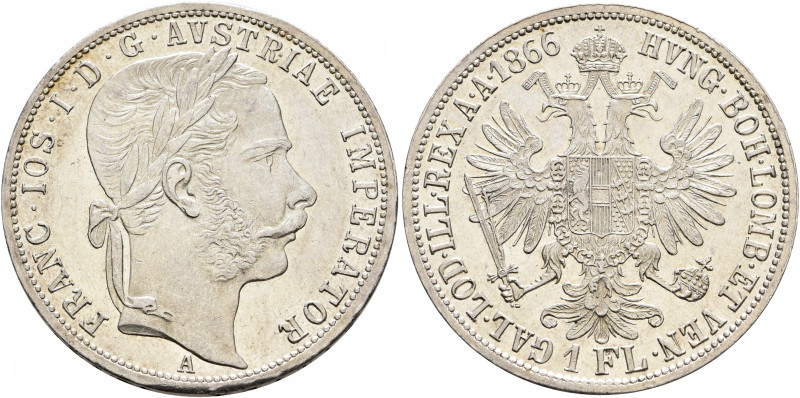 AUSTRIA. Kaisertum Österreich-Ungarn. Franz Josef I, 1848-1916. Gulden 1866 (Sil...