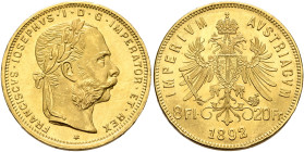 AUSTRIA. Kaisertum Österreich-Ungarn. Franz Josef I, 1867-1916. 20 Florins – 20 Francs (Gold, 21 mm, 6.46 g, 12 h), Vienna, dated 1892, but a later re...