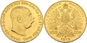 AUSTRIA. Kaisertum Österreich-Ungarn. Franz Josef I, 1867-1916. 100 Kronen – 100 Corona (Gold, 37 mm, 33.90 g, 12 h), Vienna, dated 1915, but a later ...