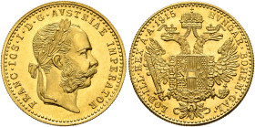 AUSTRIA. Kaisertum Österreich-Ungarn. Franz Josef I, 1867-1916. Dukat (Gold, 20 mm, 3.50 g, 12 h), Vienna, dated 1915, but a later restrike. FRANC•IOS...