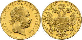 AUSTRIA. Kaisertum Österreich-Ungarn. Franz Josef I, 1867-1916. Dukat (Gold, 20 mm, 3.50 g, 12 h), Vienna, dated 1915, but a later restrike. FRANC•IOS...