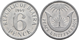 BIAFRA. Republic. 1967-1970. Sixpence 1969 (Aluminum, 20 mm, 1.19 g, 6 h). REPUBLIC OF BIAFRA / 1969 / 6 / PENCE. Rev. PEACE UNITY FREEDOM Palm tree a...
