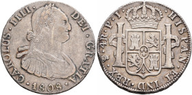 BOLIVIA, Colonial (as Alto Perú). Carlos IV, king of Spain, 1788-1808. 4 Reales 1808 (Silver, 32 mm, 13.39 g, 12 h), Potosi. CAROLUS IIII DEI GRATIA L...