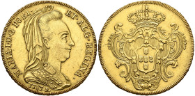 BRAZIL, Colonial. Maria I, queen of Portugal, 1786-1816. Peça 1787 (Gold, 31 mm, 14.32 g, 12 h), Rio de Janeiro. MARIA I D G PORT ET ALG REGINA Bust o...