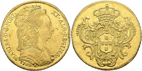BRAZIL, Colonial. Maria I, queen of Portugal, 1786-1816. Peça 1789 (Gold, 31 mm, 14.32 g, 12 h), Rio de Janeiro. MARIA I D G PORT ET ALG REGINA Bust o...