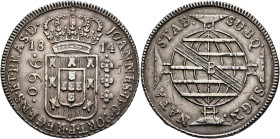 BRAZIL, Colonial. Joao VI, as prince regent, 1799-1816. 960 Reis 1814 (Silver, 40 mm, 26.80 g, 12 h), Bahia. JOHANNES D G PORT P REGENS ET BRAS D Crow...