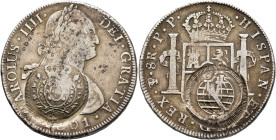 BRAZIL, Regional Coinage. Minas Gerais. 960 Reis (Silver, 40 mm, 26.72 g, 11 h), counterstamp on Bolivia 8 Reales 1801, Potosi. Crowned shield between...