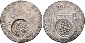 BRAZIL, Regional Coinage. Minas Gerais. 960 Reis (Silver, 39 mm, 27.00 g, 12 h), counterstamp on Bolivia 8 Reales 1805, Potosi. Crowned shield between...