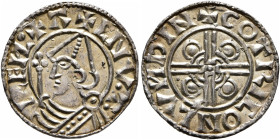 BRITISH, Anglo-Saxon. Kings of All England. Cnut, 1016-1035. Penny (Silver, 17 mm, 0.83 g, 12 h), pointed helmet type, London. ✠ CNVT REIC •✠ A Draped...